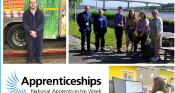Collage for National Apprenticeship Week with images of an apprentice, a group outdoors, and an office worker at a desk.