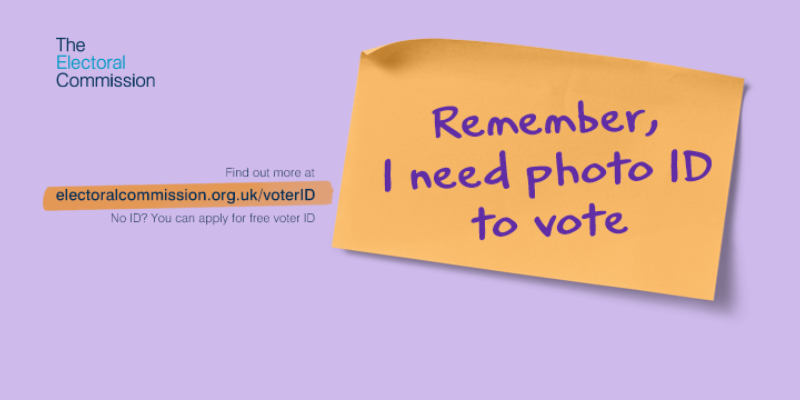 Voter ID post it note with text I need photo ID to vote and electoral commission logos