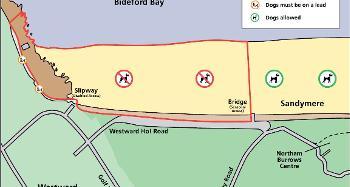 Graphic map showing dog restriction zones on westward ho! beach
