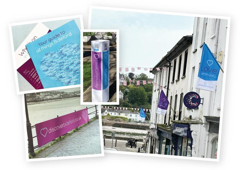Collage of various marketing materials, such as posters and signs, representing Discover Bideford