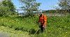 member of the torridge grounds maintenance team, wearing orange hi vis clothing, a hat and ear defenders, strimming the grass