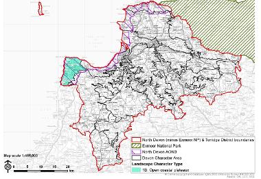 LCT 1B map showing location of open coastal plateaux within the boundary of North Devon (minus Exmoor National Park) and Torridge