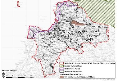 LCT 1D map showing location of estate wooded ridges and hilltops within the boundary of North Devon (minus Exmoor National Park) and Torridge