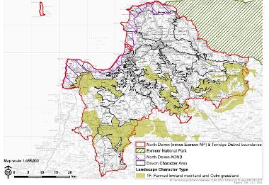 LCT 1F map showing location of farmed lowland moorland and culm grassland within the boundary of North Devon (minus Exmoor National Park) and Torridge