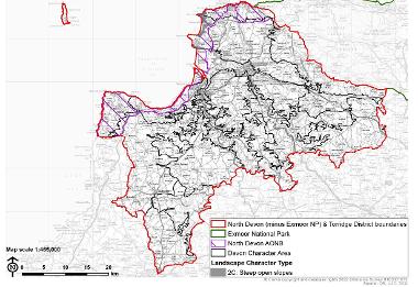 LCT 2C map showing location of steep open slopes within the boundary of North Devon (minus Exmoor National Park) and Torridge