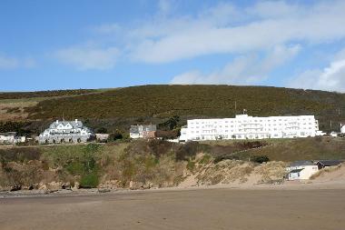 LCT 2C View of Saunton Down (featuring the landmark Saunton Sands Hotel) from Saunton Sands, the slope rising steeply above the coast road.