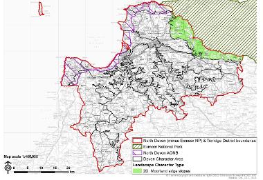 LCT 2D map showing location of moorland edge slopes within the boundary of North Devon (minus Exmoor National Park) and Torridge