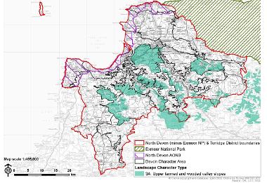 LCT 3A map showing location of upper farmed wooded valley slopes within the boundary of North Devon (minus Exmoor National Park) and Torridge