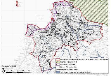 LCT 3C map showing location of sparsely settled farmed valley floors within the boundary of North Devon (minus Exmoor National Park) and Torridge