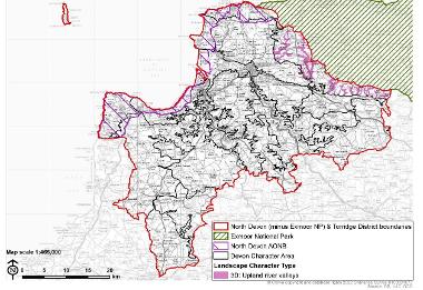 LCT 3D map showing location of upland river valleys within the boundary of North Devon (minus Exmoor National Park) and Torridge