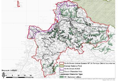 LCT 3D map showing location of secluded valleys within the boundary of North Devon (minus Exmoor National Park) and Torridge