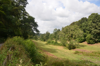 LCT 3H Tributary stream valley of the River Mole, with historic parkland enclosed by dense woodland on both sides, and riparian vegetation following the course of the stream.