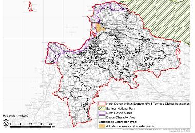 LCT 4B map showing location of marine levels and coastal plains within the boundary of North Devon (minus Exmoor National Park) and Torridge