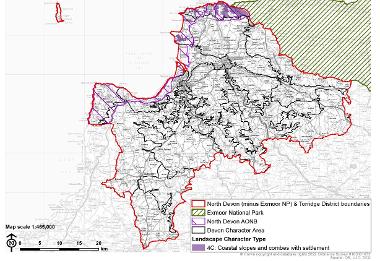 LCT 4AC map showing location of coastal slopes and combes with settlement within the boundary of North Devon (minus Exmoor National Park) and Torridge