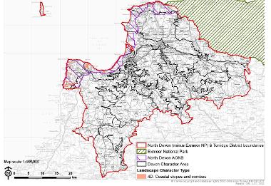 LCT 4D map showing location of coastal slopes and combes within the boundary of North Devon (minus Exmoor National Park) and Torridge