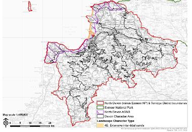 LCT 4E map showing location of extensive inter-tidal sands within the boundary of North Devon (minus Exmoor National Park) and Torridge