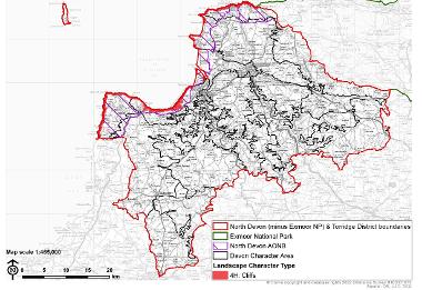 LCT 4H map showing location of cliffs within the boundary of North Devon (minus Exmoor National Park) and Torridge