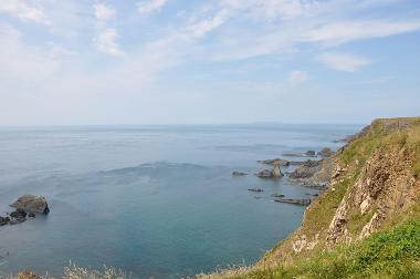 LCT 4H Cliffs at Hartland Quay, with the outline of Lundy on the horizon