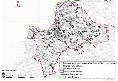 LCT 4I map showing location of rocky foreshores within the boundary of North Devon (minus Exmoor National Park) and Torridge