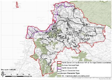 LCT 5A map showing location of inland undulating land within the boundary of North Devon (minus Exmoor National Park) and Torridge