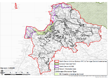 LCT 5B map showing location of coastal undulating farmland within the boundary of North Devon (minus Exmoor National Park) and Torridge