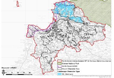 LCT 5C map showing location of downland within the boundary of North Devon (minus Exmoor National Park) and Torridge