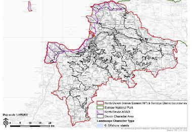 LCT 6 map showing location of offshore islands within the boundary of North Devon (minus Exmoor National Park) and Torridge