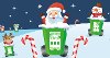 Graphic of cartoon santa and multiple cartoon reindeers poking out of wheelie bins in a snowy background