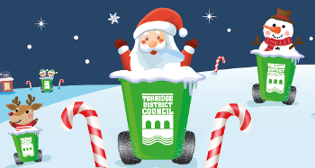 Graphic of cartoon santa and multiple cartoon reindeers poking out of wheelie bins in a snowy background