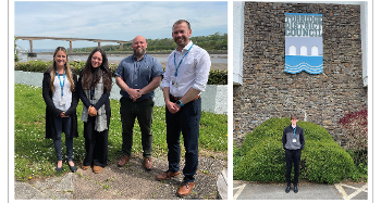 2 photos side by side, the one on the left is one of the T Level Students with her team and the one on the right is the male T Level Student stood out the front of Riverbank House. 