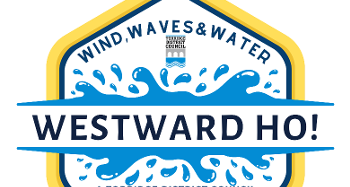 Graphic showing the name Westward Ho! with cartoon water behind it and the words Wind, water and waves above