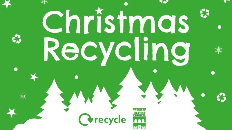 Graphic saying Christmas Recycling with a bright green background, with white snowflakes and white recycling logos falling like snow, and white trees poking up from the bottom