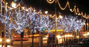 Bideford Quay illuminated by Christmas Lights on the trees and street lights