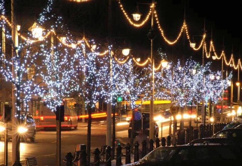 Bideford Quay illuminated by Christmas Lights on the trees and street lights