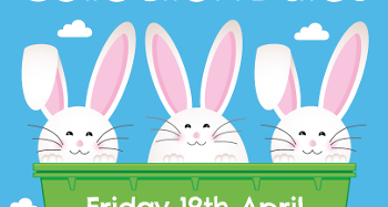Graphic of 3 white bunnies poking their heads out of a green recycling box