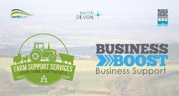 An image of fields, with a white overlay that shows the Business Boost logos. 