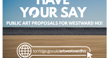 Graphic with Westward Ho! beach in the background and the text Have Your Say Public Art Proposals and a web address to link to the survey