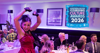 Picture of a woman dancing in front of people sat down, with the text Northern Devon Flourishing Culture Awards