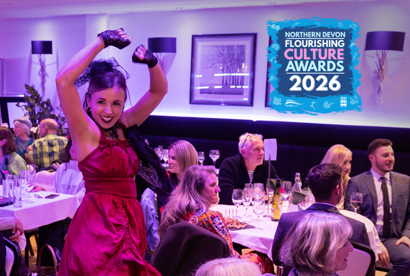 Picture of a woman dancing in front of people sat down, with the text Northern Devon Flourishing Culture Awards