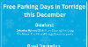 Graphic on a blue background that lists the dates and locations of the free parking days