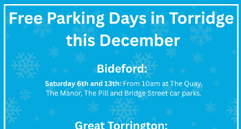 Graphic on a blue background that lists the dates and locations of the free parking days