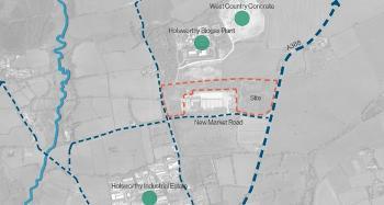 Birds eye view of a map of Holsworthy highlighting development are