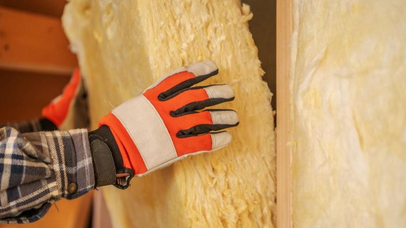 Image of a builder or contractors hand wearing PPE working on a wall