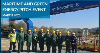 Maritime and Green Energy Pitch Event, March 2026. Delegates in safety helmets stand outside Navantia UK Appledore Shipyard during a site visit. Below, speakers present to seated audiences at an indoor pitch event in Bideford.