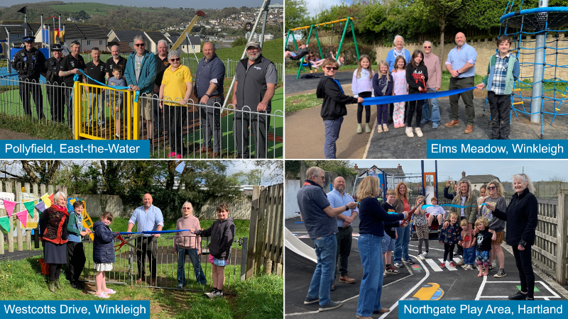 A collage of 4 photos, one for each of the play areas, with multiple people posing for the ribbon cutting