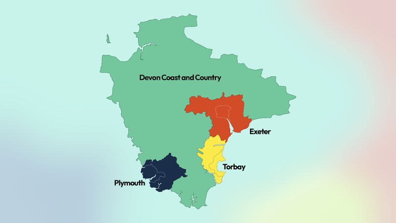 Map of Devon illustrating the Government's Local Government Reorganisation decision. From April 2028, local government services will be delivered by four unitary councils: Devon Coast and Countryside, Exeter, Torbay and Plymouth.